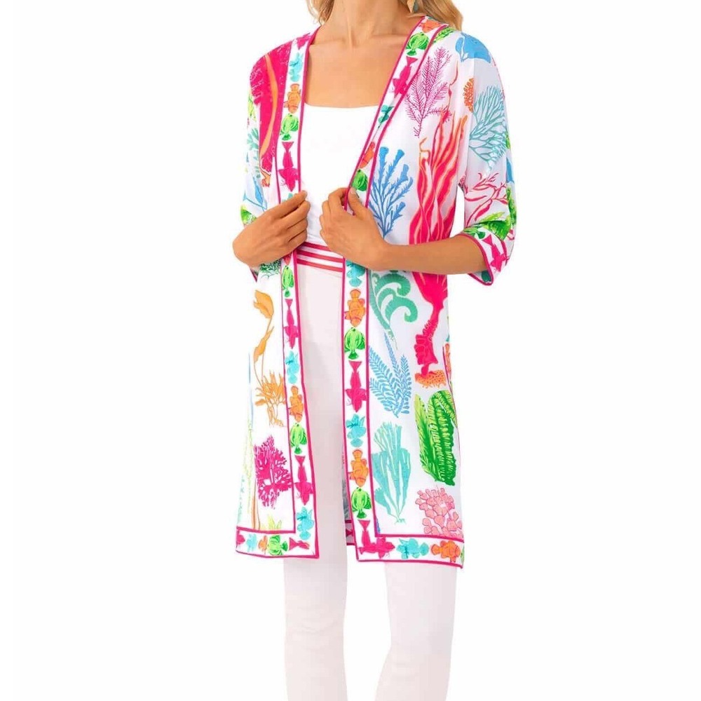 Gretchen Scott Sea Sway Open Kimono Duster Jacket White Pink Green Size M/L